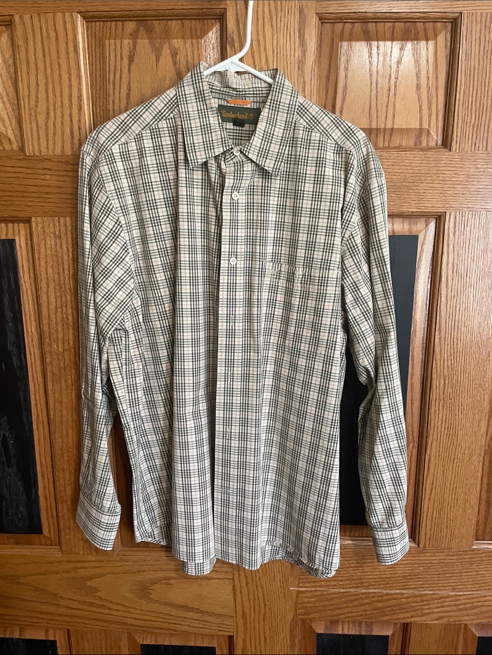Timberland Beige and Black Plaid Long-Sleeve Button-Down Shirt